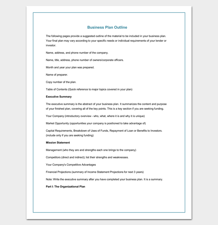 Business Plan Outline Template for Word