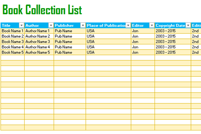 Library Book List Template